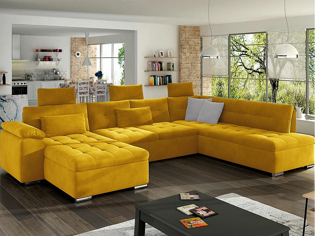 Sofá rinconero Comfivo 127, Amarillo, Función de descanso, Caja de ropa de cama, 350cm