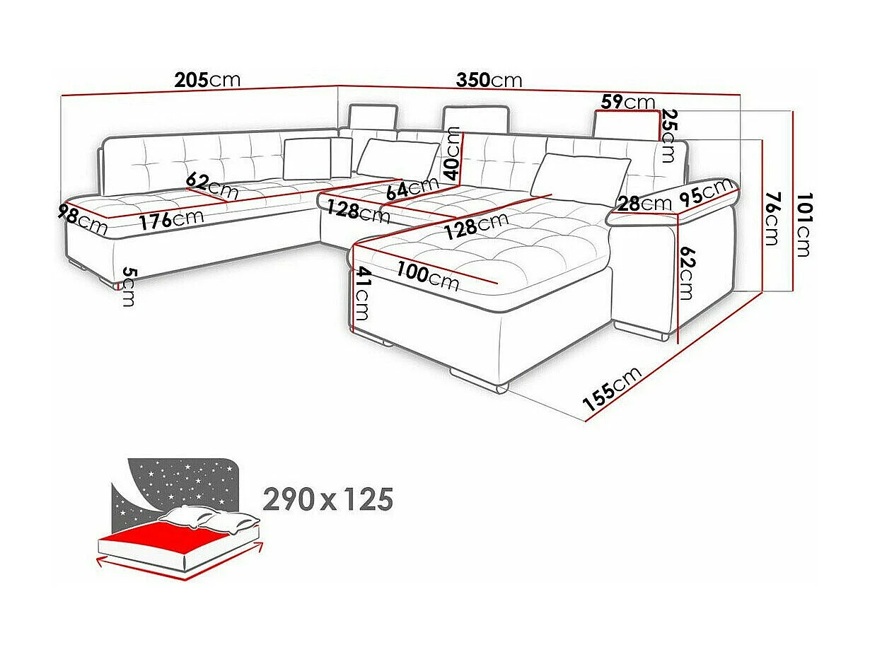 Sofá rinconero Comfivo 127, Amarillo, Función de descanso, Caja de ropa de cama, 350cm