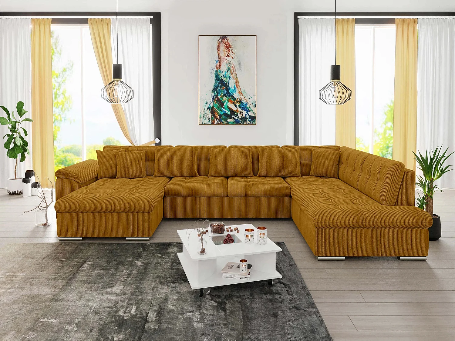 Sofá rinconero Comfivo Gemma II, Amarillo, Función de descanso