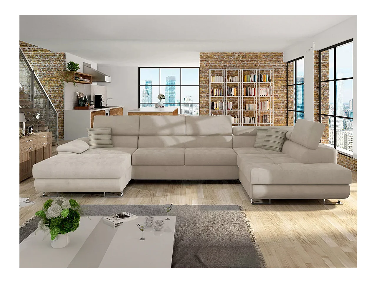 Canapé d'angle Comfivo 190, Brun clair, Fonction de couchage, Boîte de literie, 345x202cm