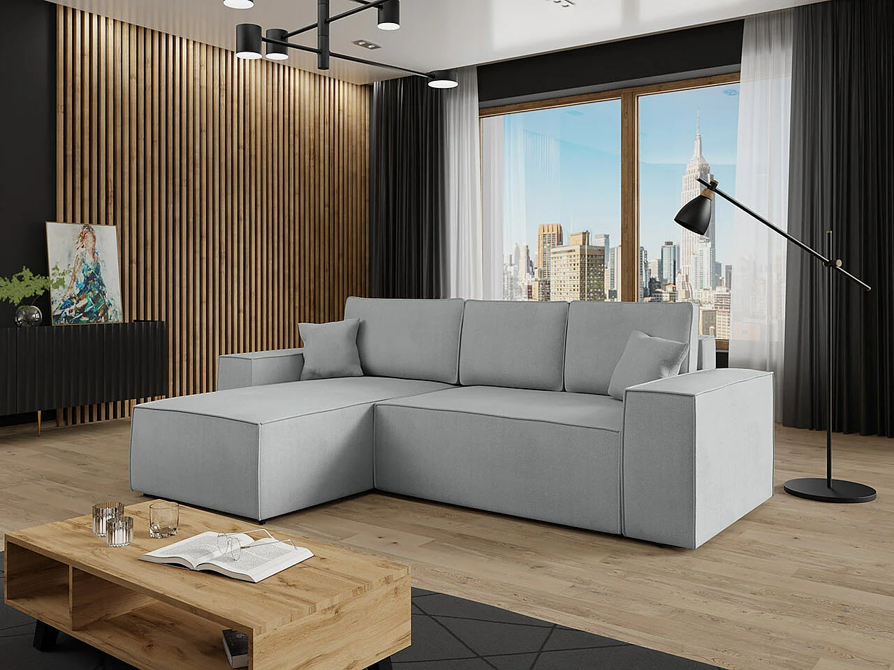 Sofá de canto Clovis 108, Cinzento, Funcionalidade de dormir