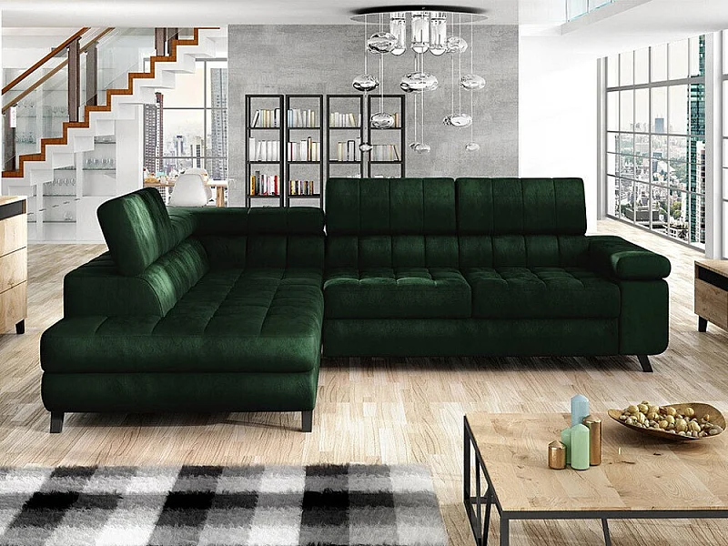 Sofá rinconero Comfivo 207, Verde, Función de descanso, Almacenaje, 264x203x73cm