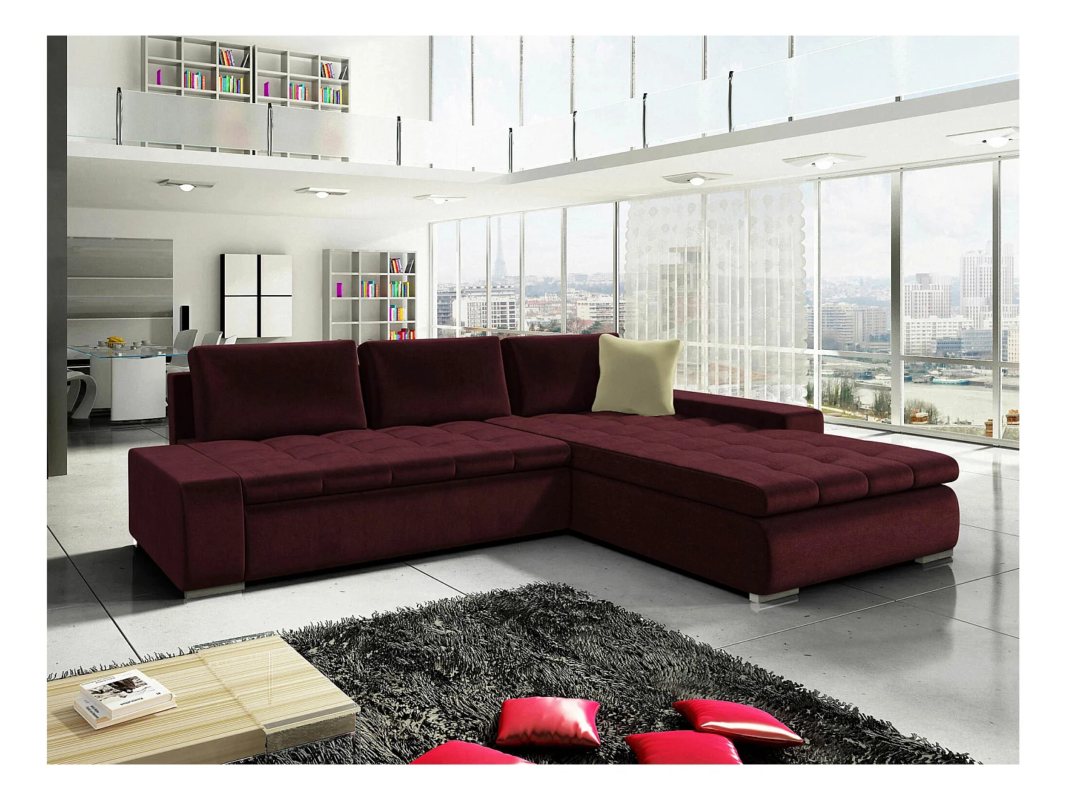 Canapé d'angle Comfivo 147, Rouge, Fonction de couchage, Boîte de literie, 302x213x80cm