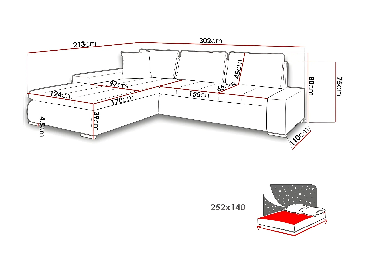 Canapé d'angle Comfivo 147, Rouge, Fonction de couchage, Boîte de literie, 302x213x80cm