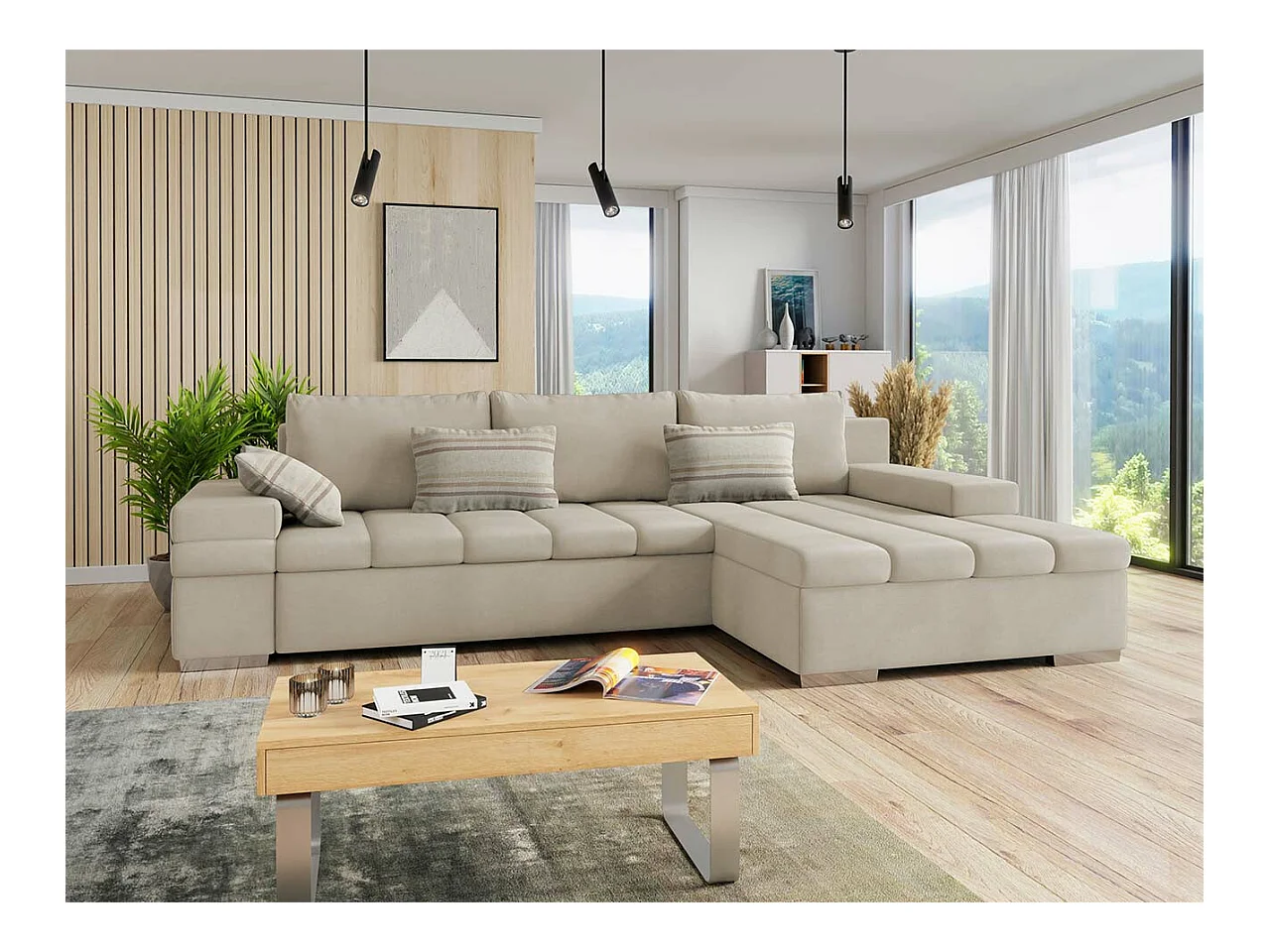 Canapé d'angle Comfivo 113, Brun clair, Fonction de couchage, Boîte de literie, 310x175cm