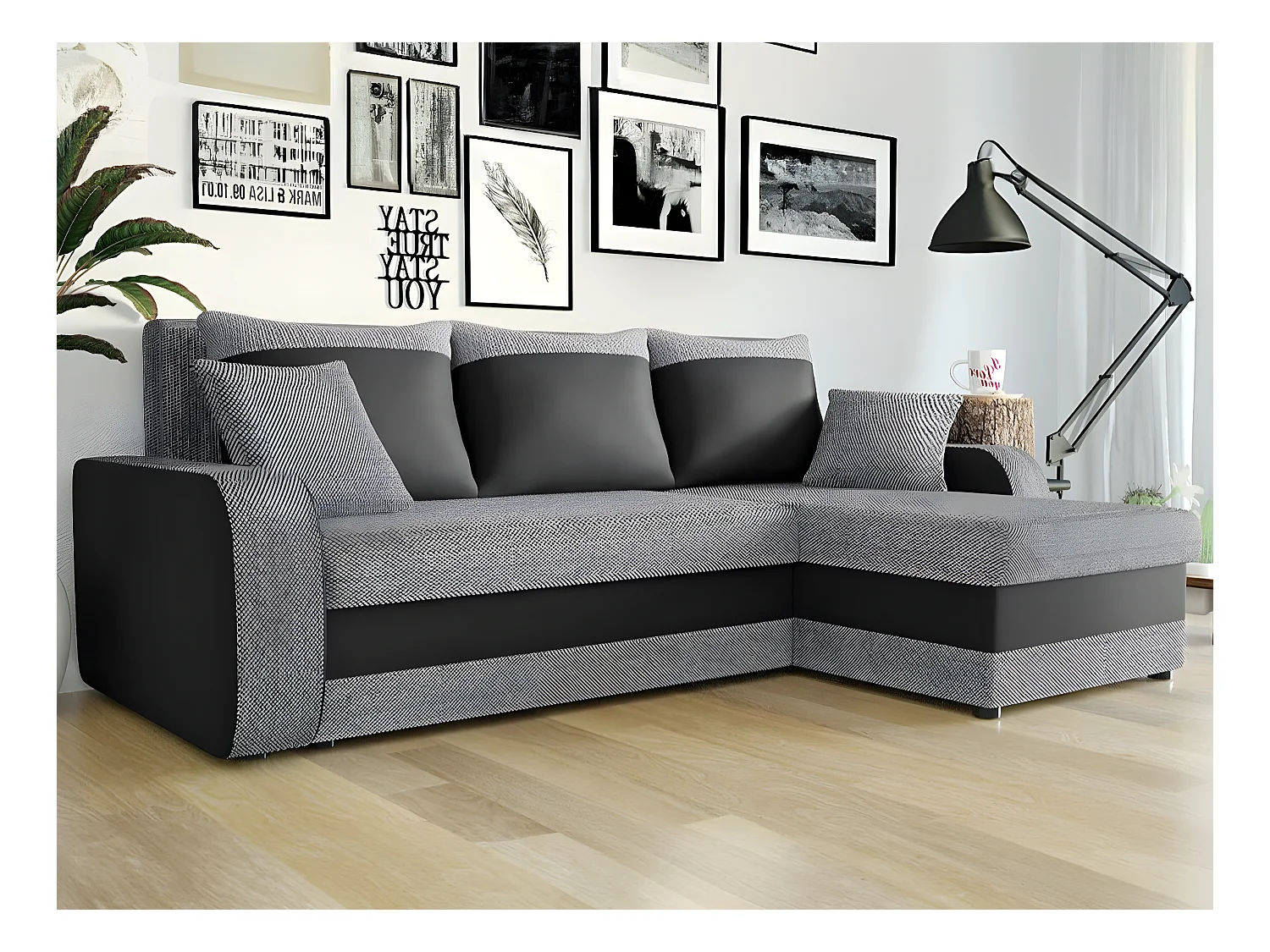 Canapé d'angle Comfivo 135, Gris, Fonction de couchage, Boîte de literie, 238x147x80cm