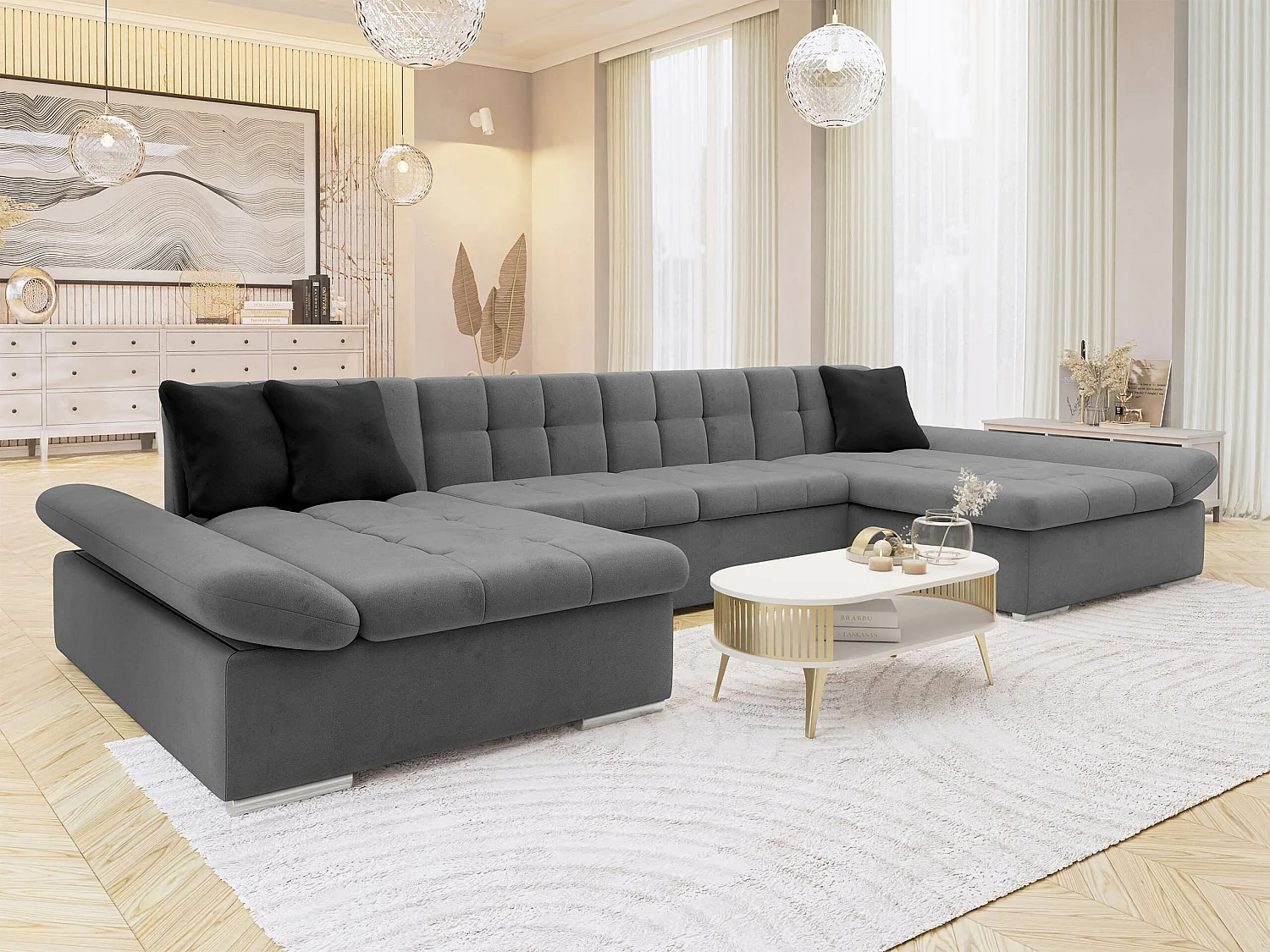 Sofá rinconero Comfivo 155, Gris, Función de descanso, Almacenaje, 360x160x75cm