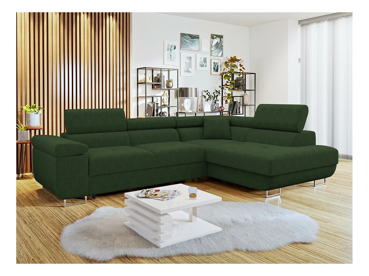 Sofá rinconero Comfivo Eliferu 100, Verde, Función de descanso, Almacenaje, 274x203x70cm
