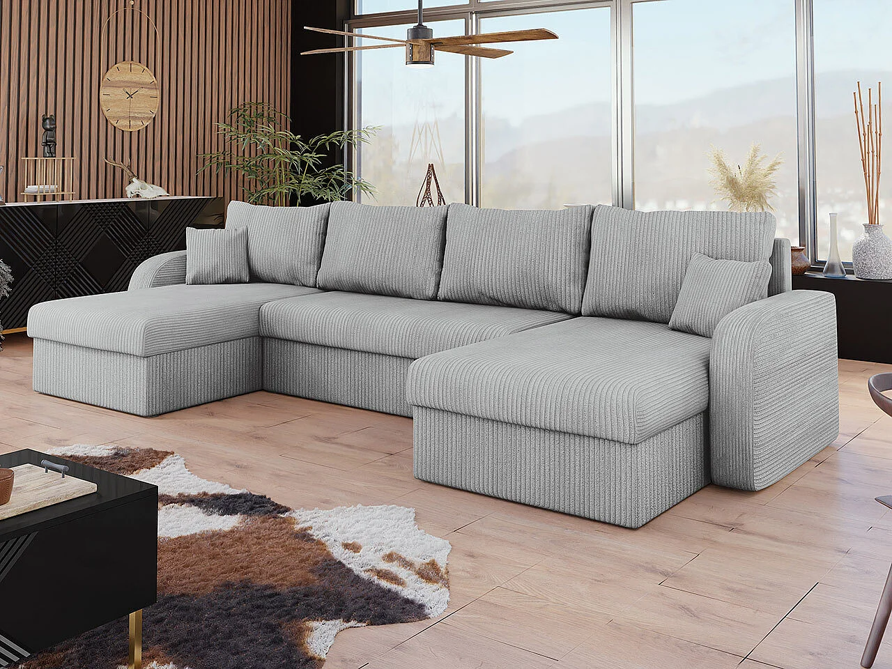 Sofá rinconero Comfivo 233, Gris, Función de descanso, Almacenaje, 304x140x80cm