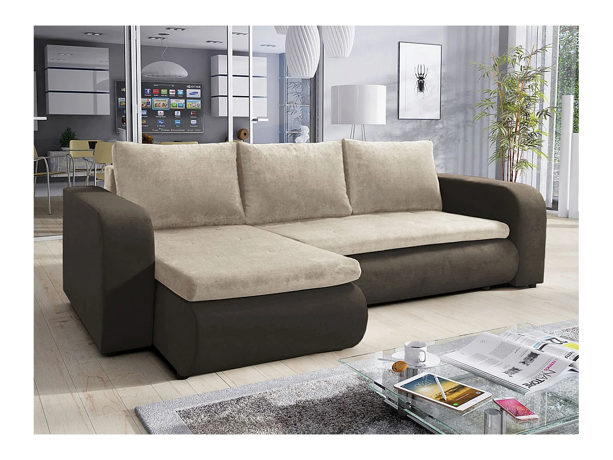 Canapé d'angle Muncie 100, Brun clair, Fonction de couchage, Boîte de literie, 245x150cm