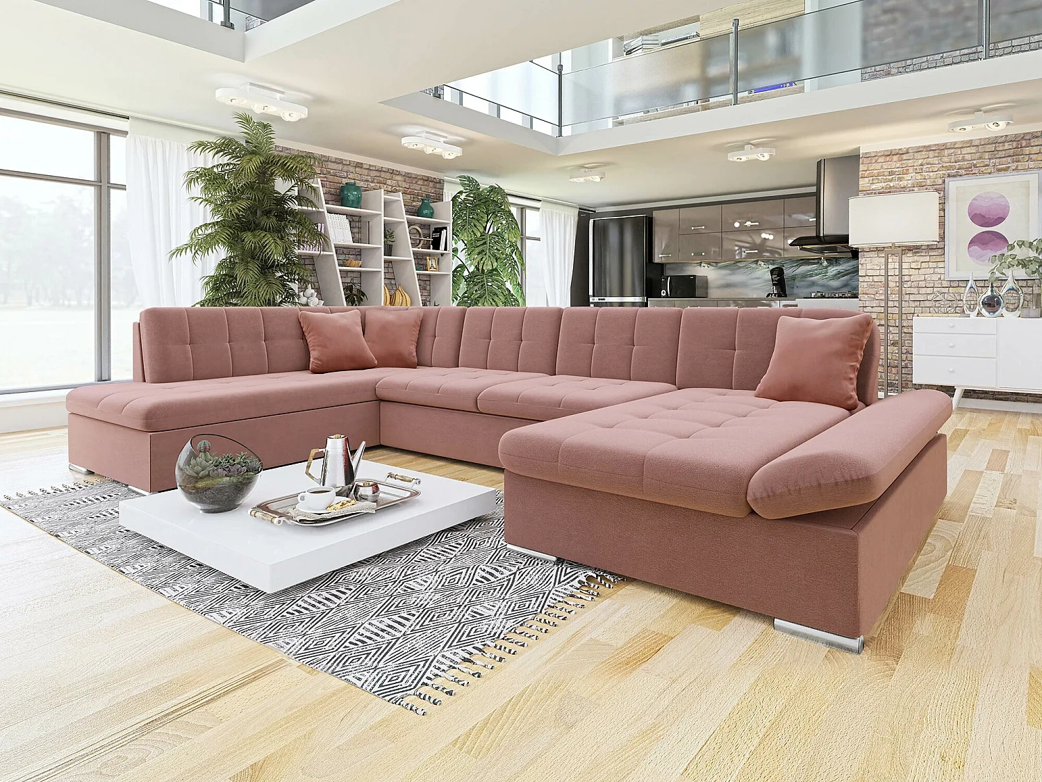 Sofá rinconero Comfivo Tilia II, Rosa, Función de descanso, Almacenaje, 345x205x76cm