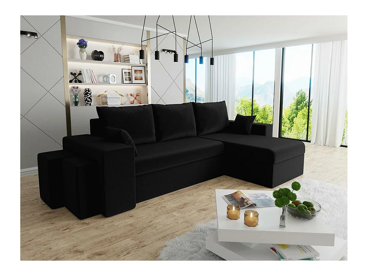 Canapé d'angle Memphis 129, Noir, Fonction de couchage, Boîte de literie, 256x139x80cm