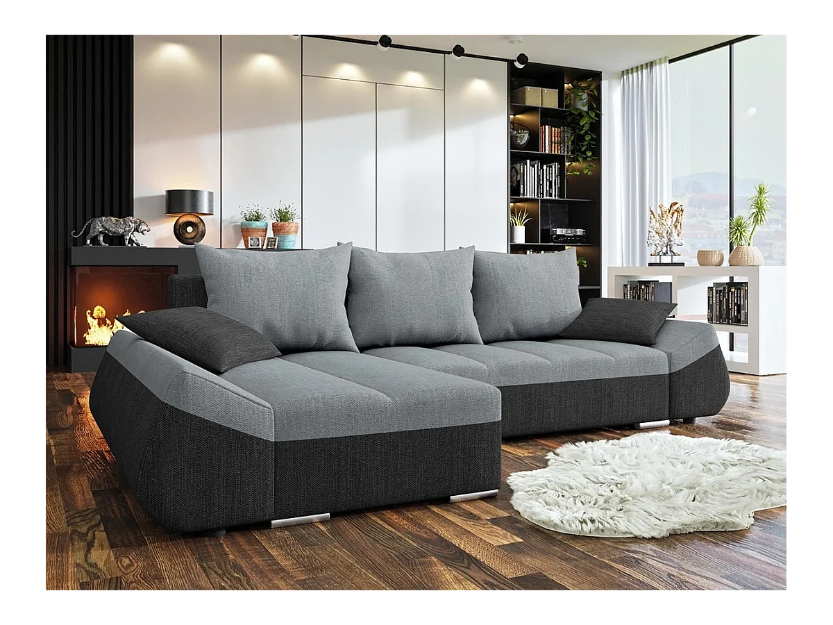 Canapé d'angle Memphis 111, Gris, Fonction de couchage, Boîte de literie, 276x131x79cm