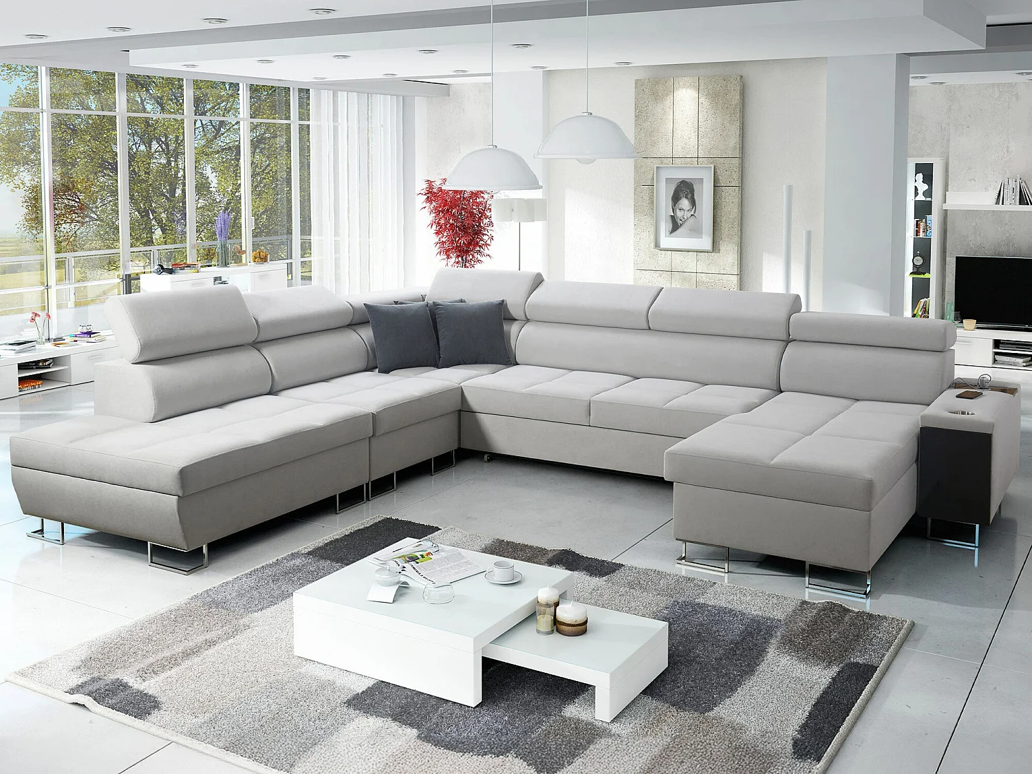 Canapé d'angle Sarasota 135, Gris, Fonction de couchage, Boîte de literie, 360x298x84cm