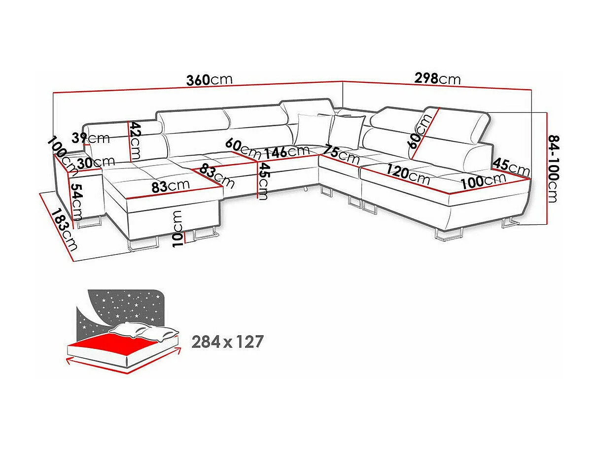 Canapé d'angle Sarasota 135, Gris, Fonction de couchage, Boîte de literie, 360x298x84cm