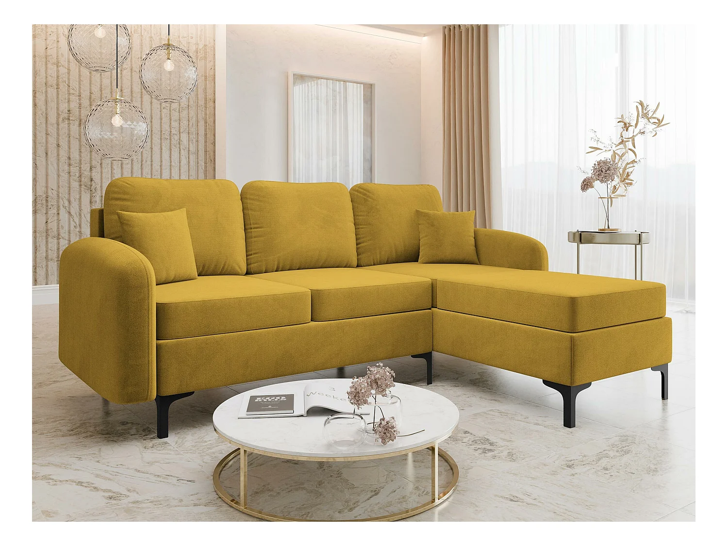 Sofá de canto Torlua 103, Amarelo, Funcionalidade de dormir