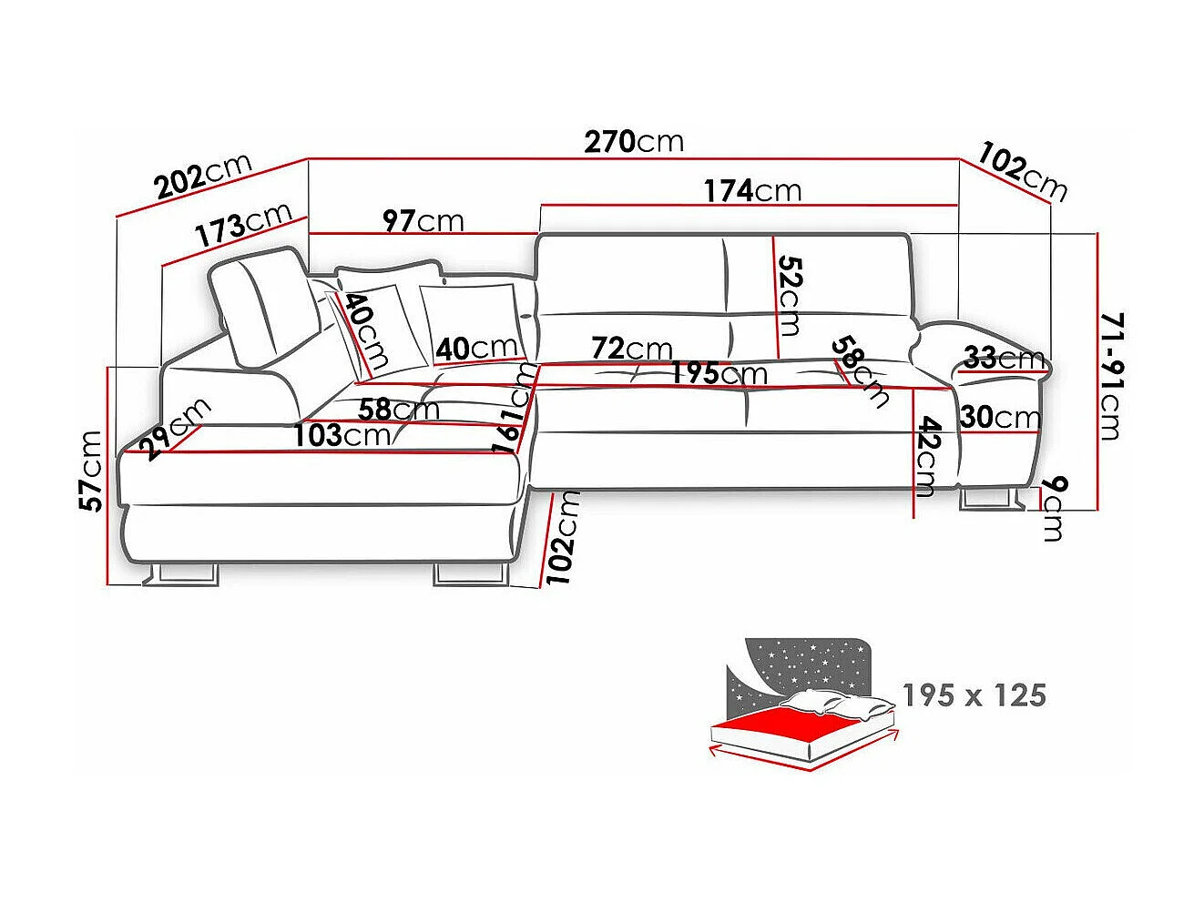 Sofá rinconero Comfivo 166, Gris, Función de descanso, Almacenaje, 270x202x71cm