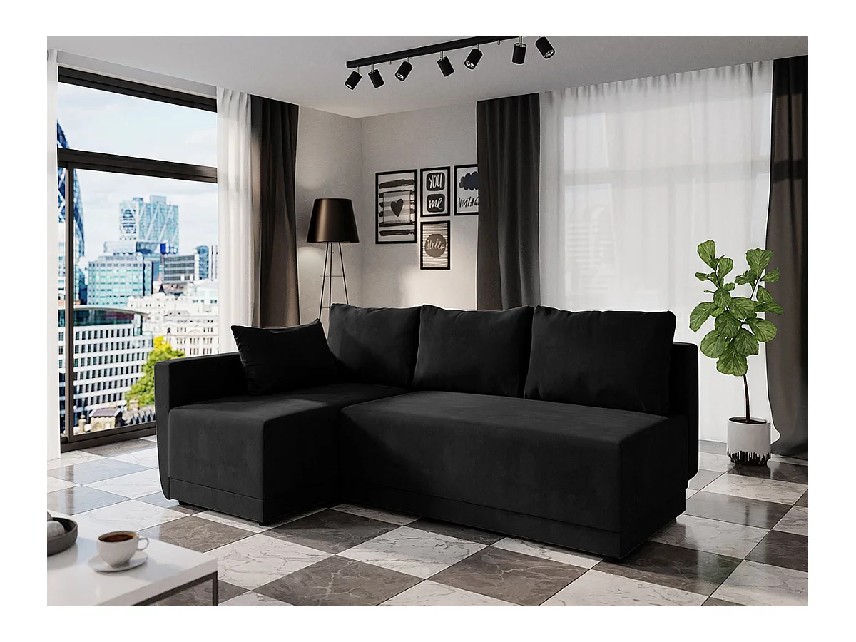 Canapé d'angle Columbus 149, Noir, Fonction de couchage, Boîte de literie, 210x135x85cm