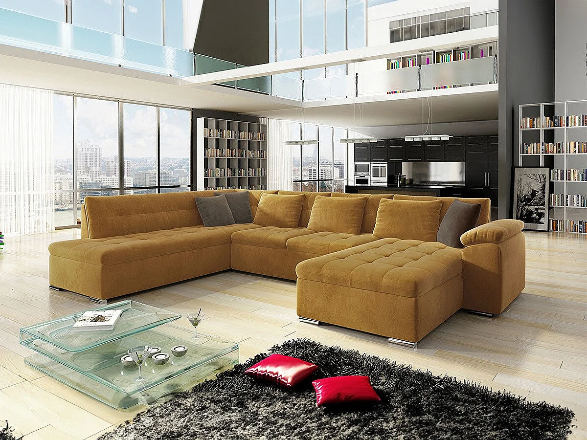 Sofá rinconero Comfivo 128, Amarillo, Función de descanso, 348x205x76cm