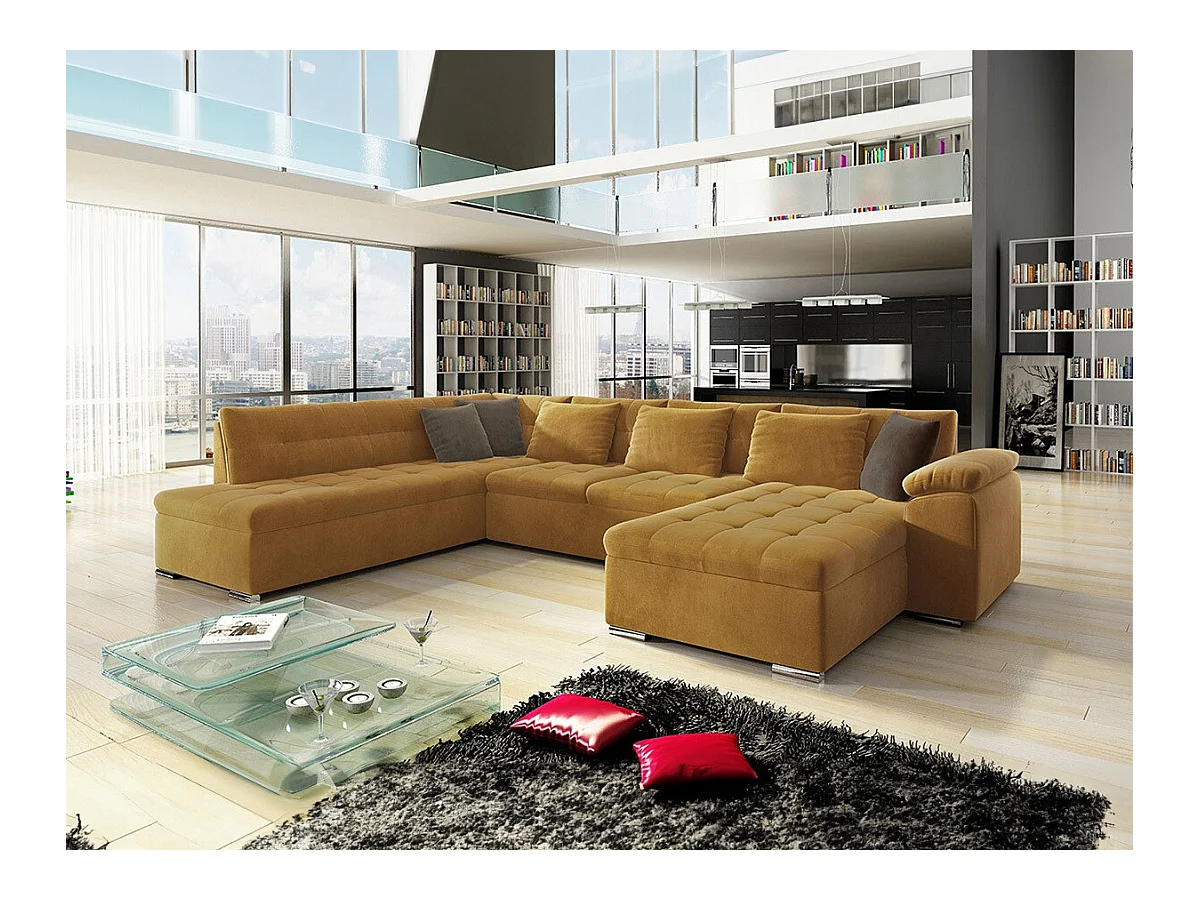 Canapé d'angle Comfivo 128, Jaune, Fonction de couchage, 348x205x76cm
