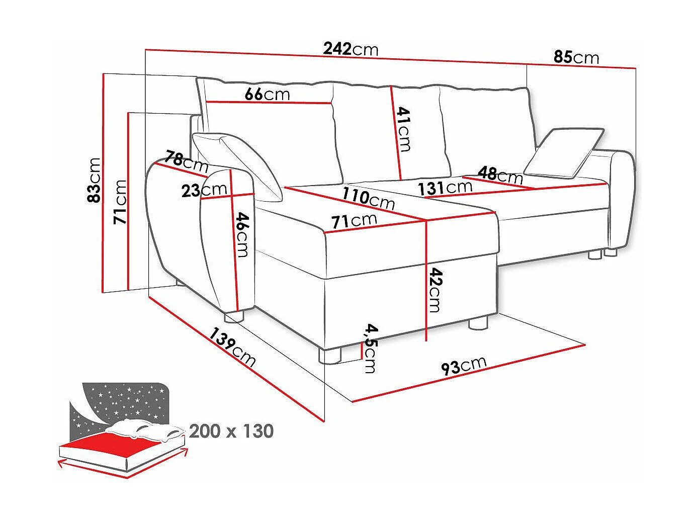 Canapé d'angle Memphis 123, Bleu, Fonction de couchage, Boîte de literie, 242x139x83cm