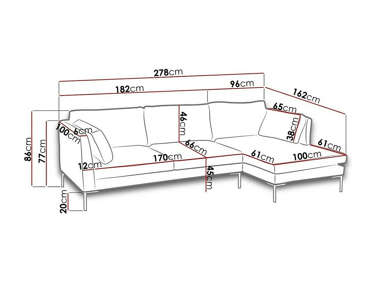 Sofá rinconero Temple 108, Rosa, 278x162x86cm