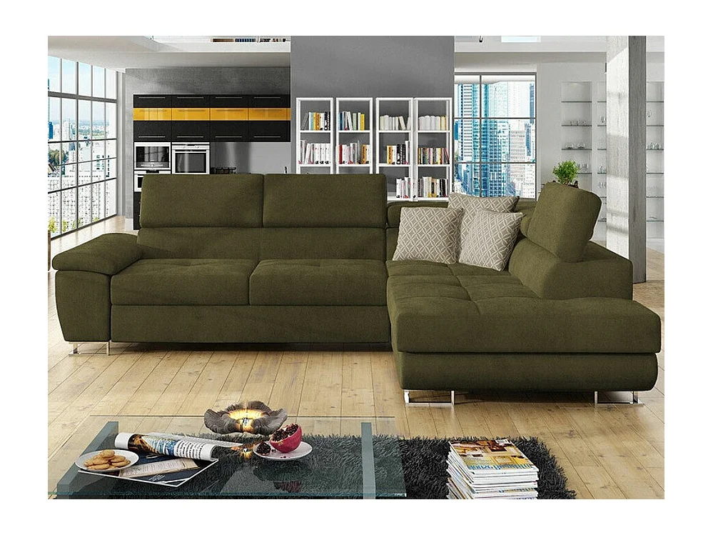 Sofá rinconero Comfivo 166, Verde, Función de descanso, Almacenaje, 270x202x71cm