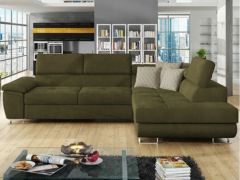 Sofá rinconero Comfivo 166, Verde, Función de descanso, Almacenaje, 270x202x71cm