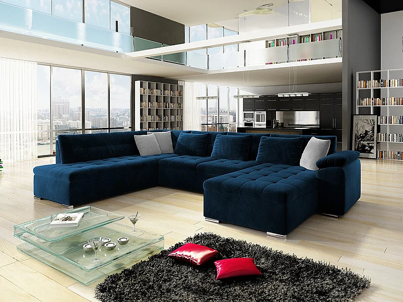 Canapé d'angle Comfivo 128, Bleu, Fonction de couchage, 348x205x76cm