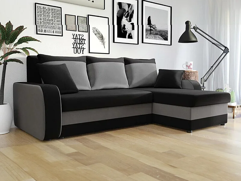 Sofá rinconero Comfivo 135, Negro, Función de descanso, Almacenaje, 238x147x80cm