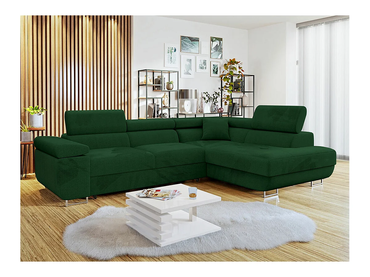 Canapé d'angle Comfivo Eliferu 100, Vert, Fonction de couchage, Boîte de literie, 274cm