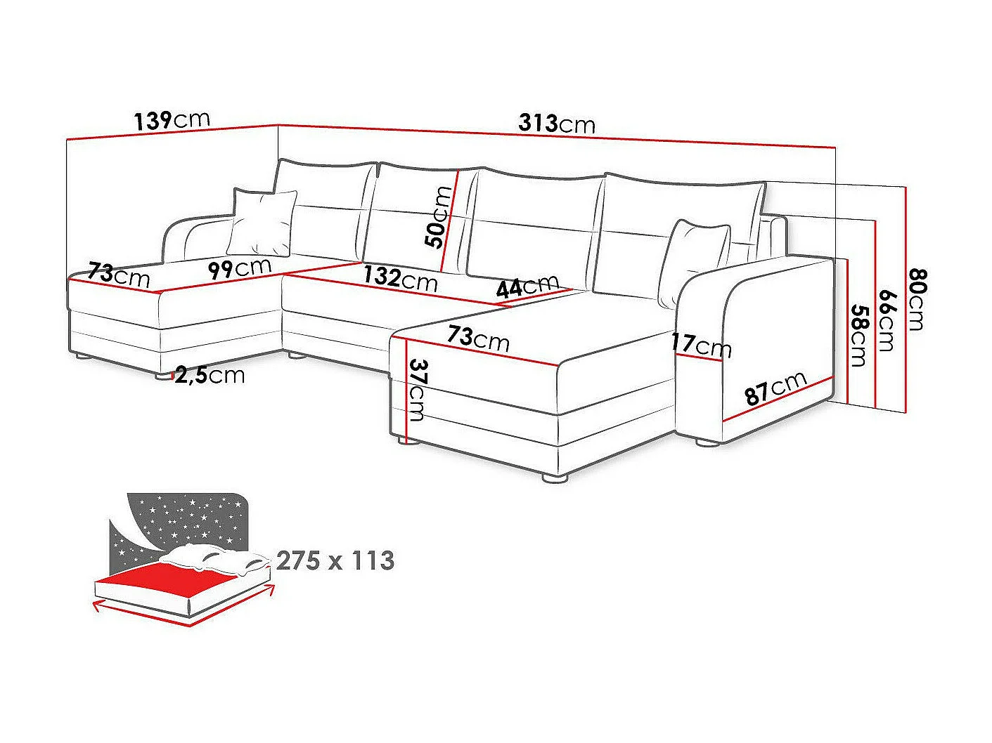 Canapé d'angle Comfivo 100, Gris, Fonction de couchage, Boîte de literie, 313x139x80cm
