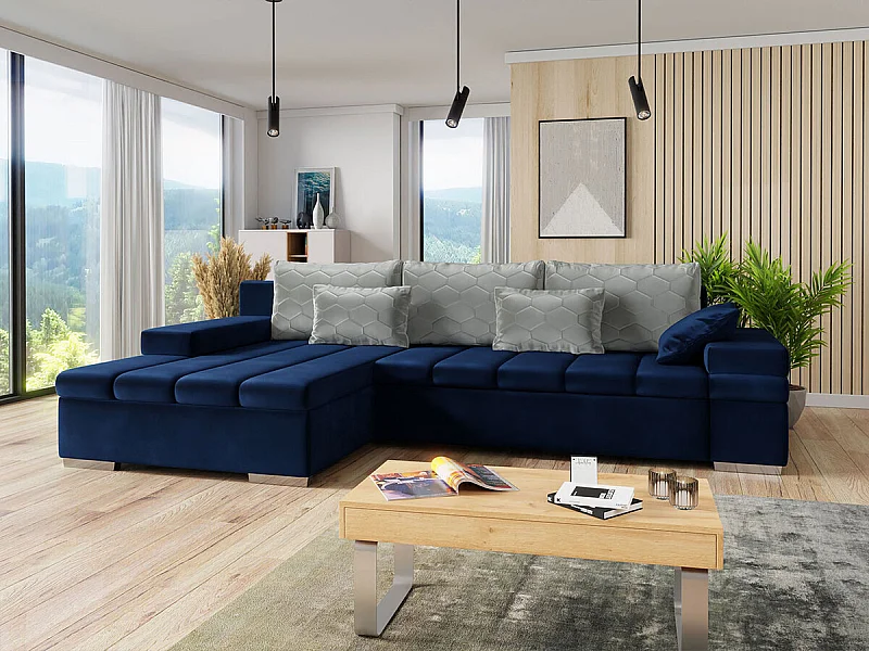 Sofá rinconero Comfivo 169, Azul, Función de descanso, Almacenaje, 310x175x83cm