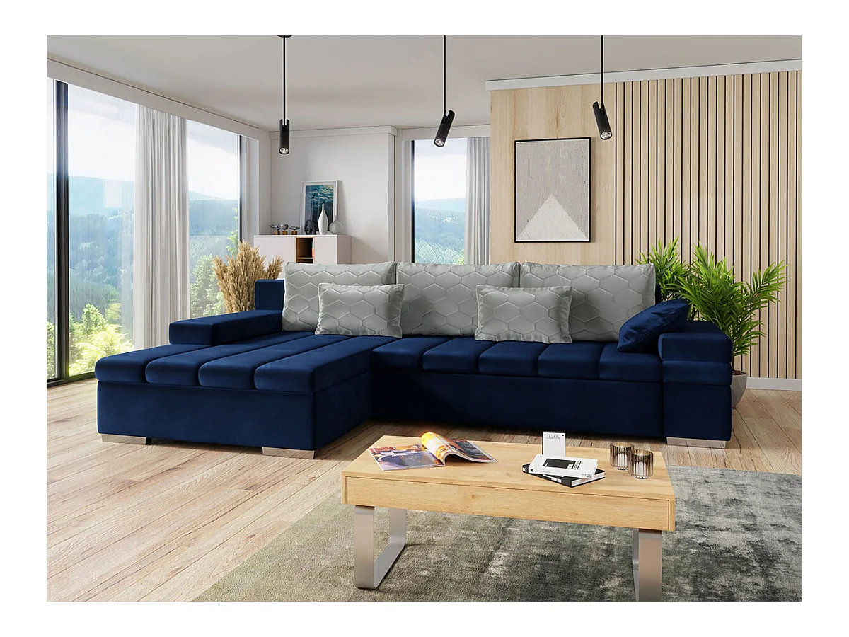 Canapé d'angle Comfivo 169, Bleu, Fonction de couchage, Boîte de literie, 310x175x83cm