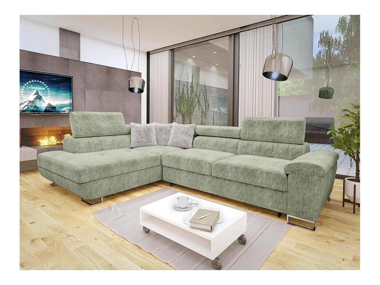 Sofá rinconero Comfivo 166, Verde, Función de descanso, Almacenaje, 270x202x71cm
