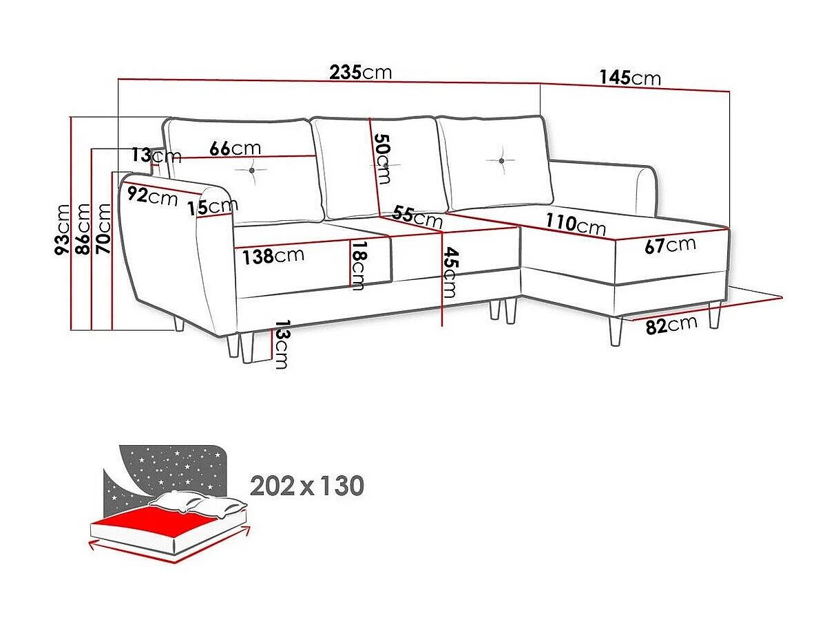 Sofá rinconero Muncie 105, Marrón, Función de descanso, Almacenaje, 235x145x93cm