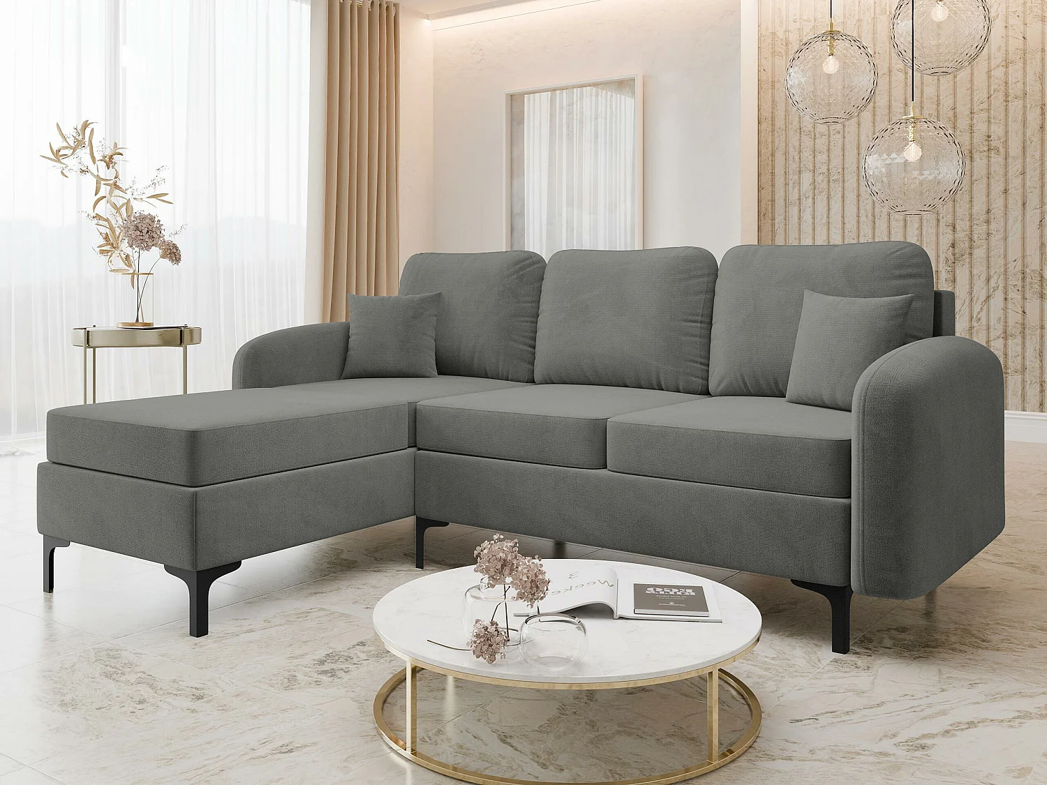Canapé d'angle Torlua 103, Gris, Disponible, 225x172x96cm