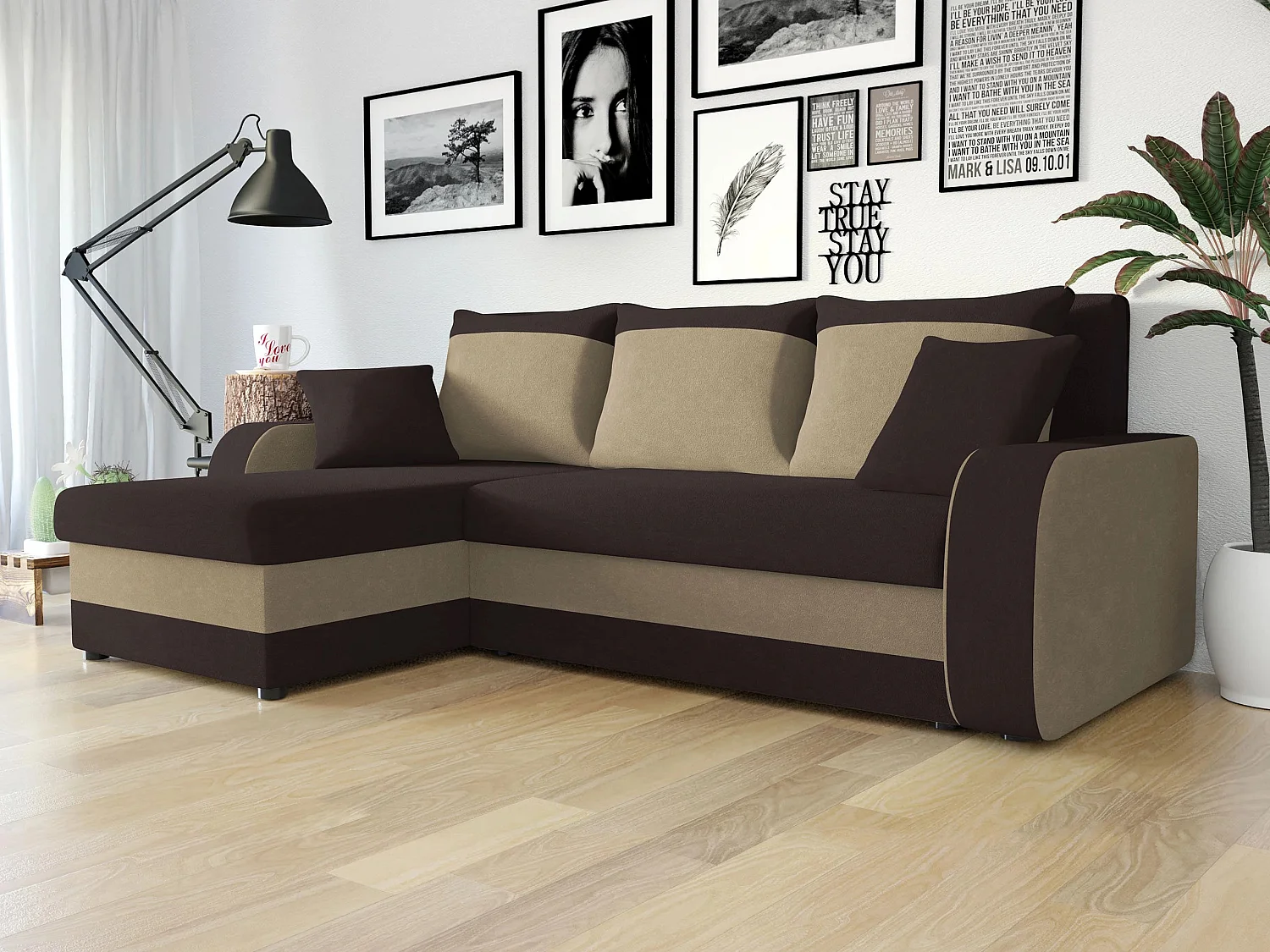 Canapé d'angle Comfivo Melissa I, Marron, Disponible, 238x147x80cm