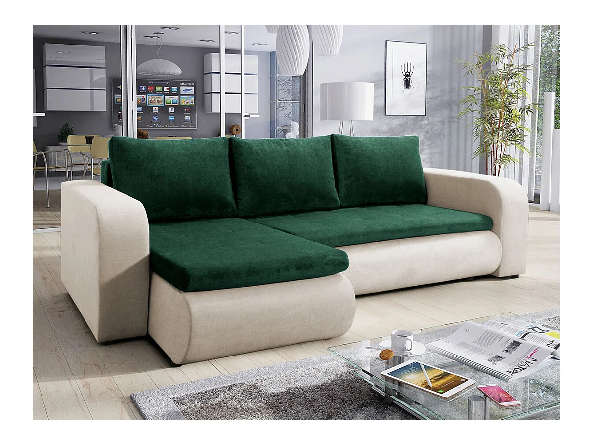 Canapé d'angle Muncie 100, Vert, Fonction de couchage, Boîte de literie, 245x150x82cm