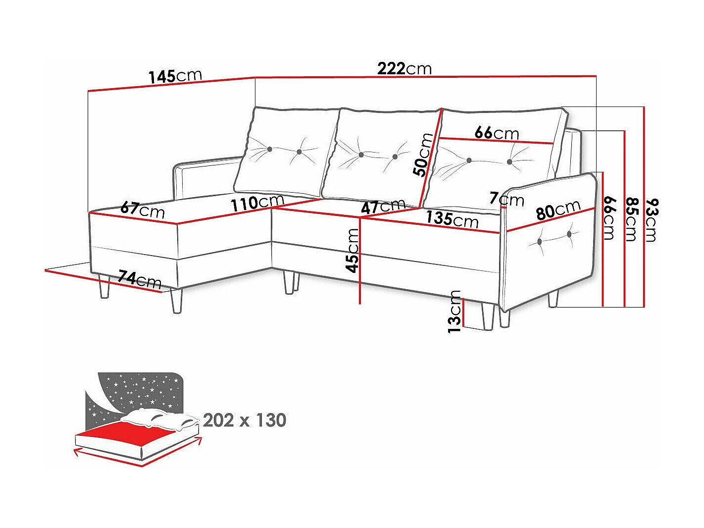 Sofá rinconero Muncie 101, Gris, Función de descanso, Almacenaje, 222x145x93cm