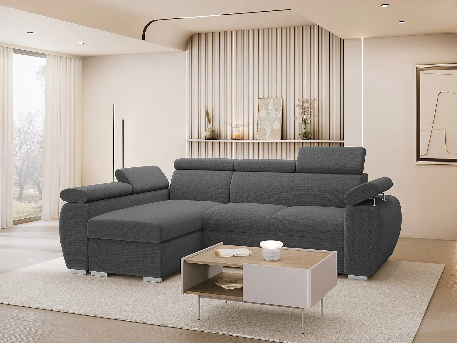 Canapé d'angle Columbus 132, Gris foncé, Disponible, 255x170x85cm