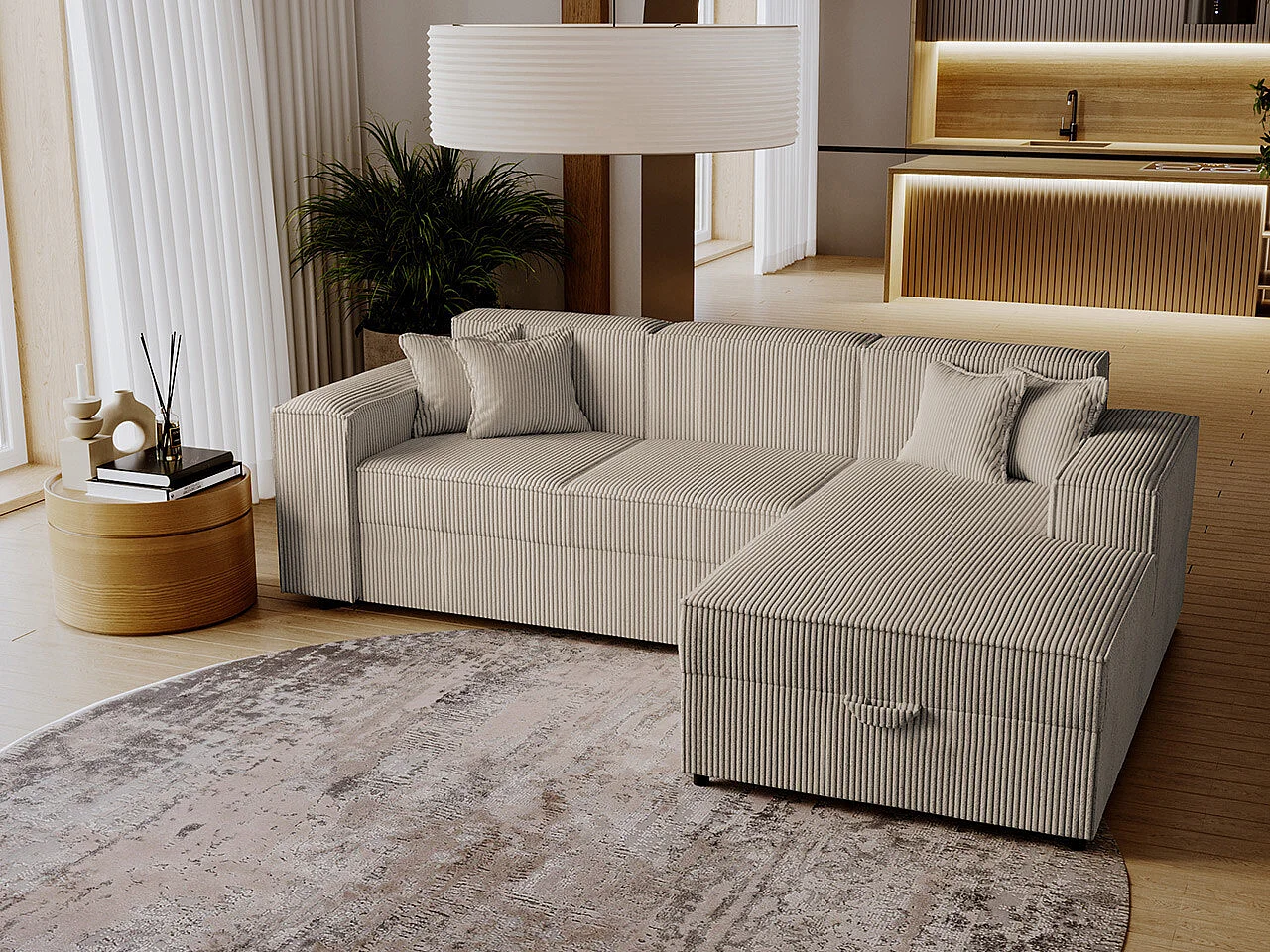 Canapé d'angle Clovis 116, Brun clair, Fonction de couchage, Boîte de literie, 253x166cm