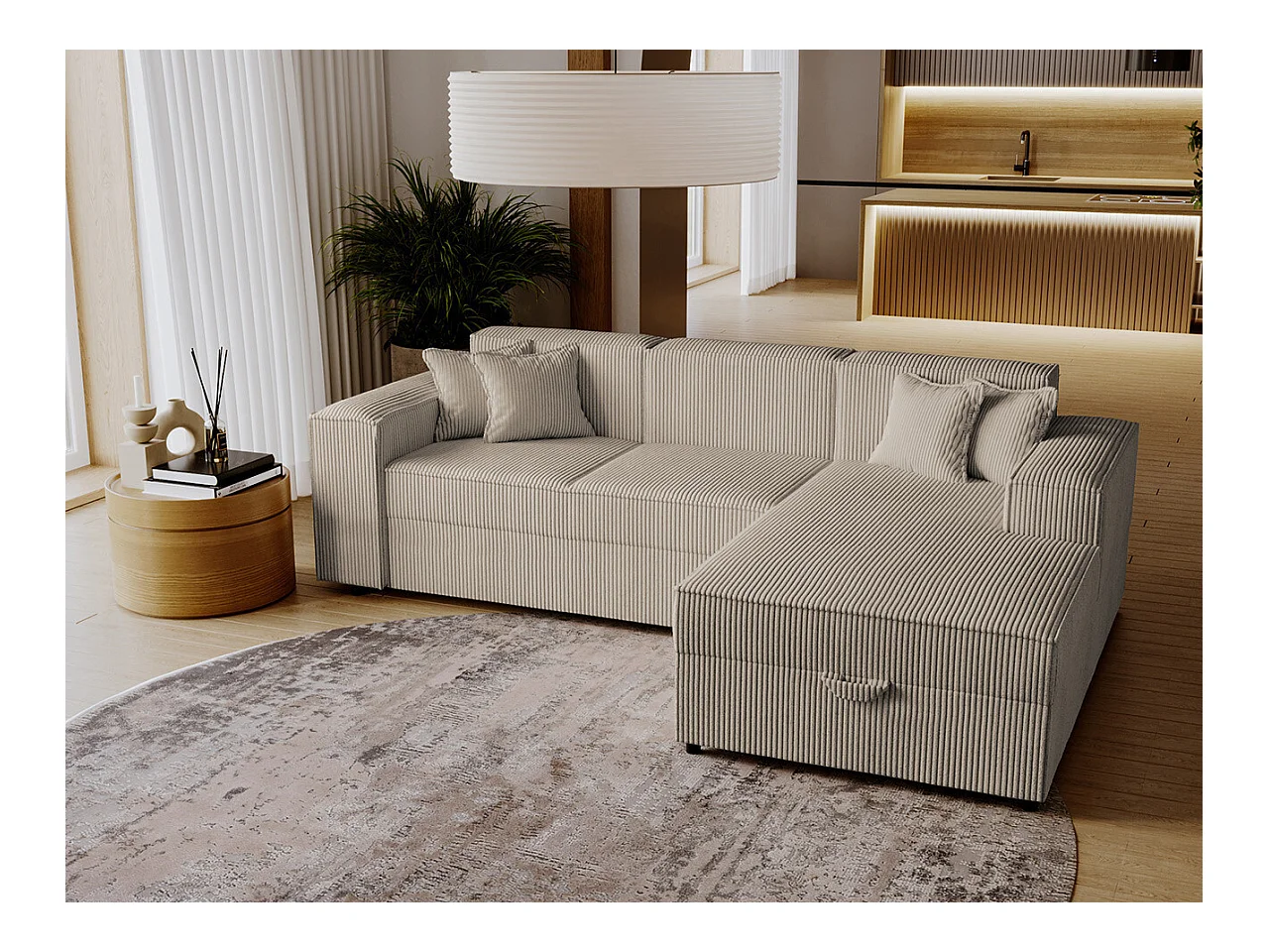 Canapé d'angle Clovis 116, Brun clair, Fonction de couchage, Boîte de literie, 253x166cm