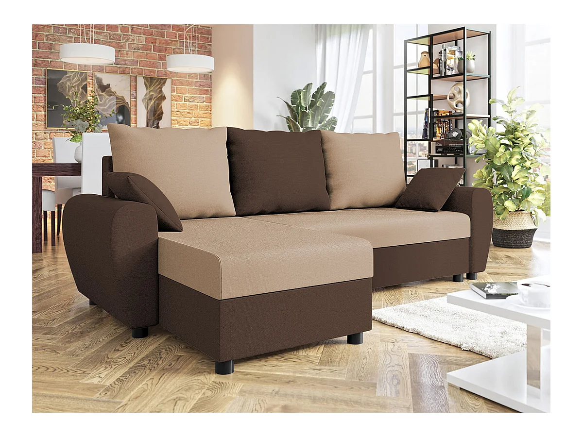 Canapé d'angle Memphis 123, Brun clair, Fonction de couchage, Boîte de literie, 242x139cm
