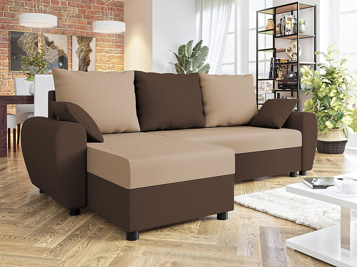 Sofá rinconero Memphis 123, De color marrón claro, Función de descanso, Almacenaje, 242cm