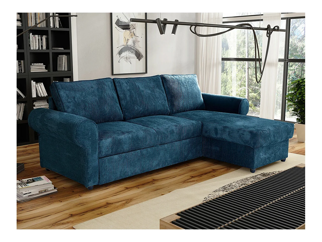 Canapé d'angle Columbus 131, Bleu, Fonction de couchage, Boîte de literie, 246x155x90cm