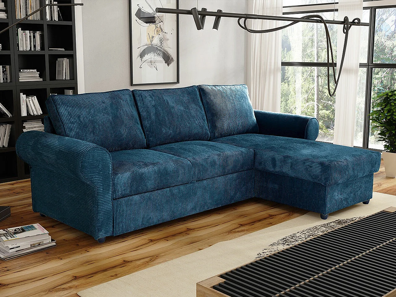 Sofá rinconero Columbus 131, Azul, Función de descanso, Almacenaje, 246x155x90cm