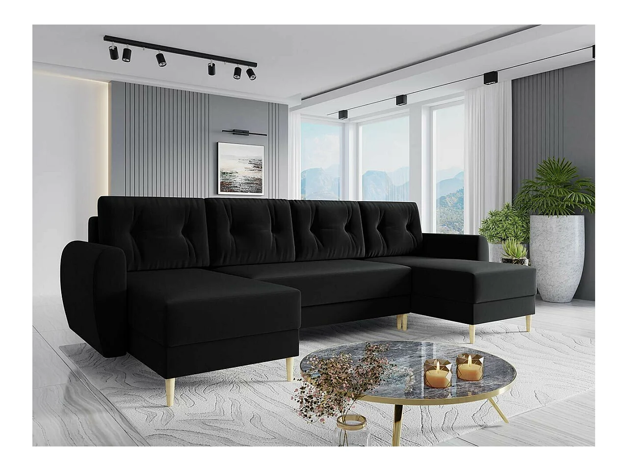 Canapé d'angle Memphis 110, Noir, Fonction de couchage, Boîte de literie, 307x139x95cm