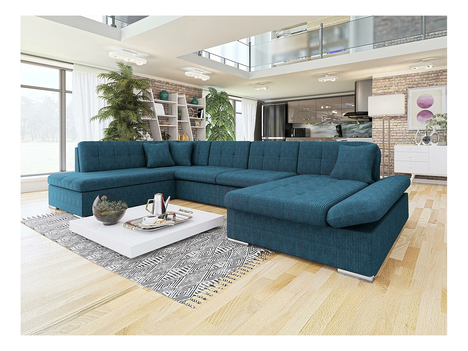 Canapé d'angle Comfivo 150, Bleu, Fonction de couchage, Boîte de literie, 345x205x76cm