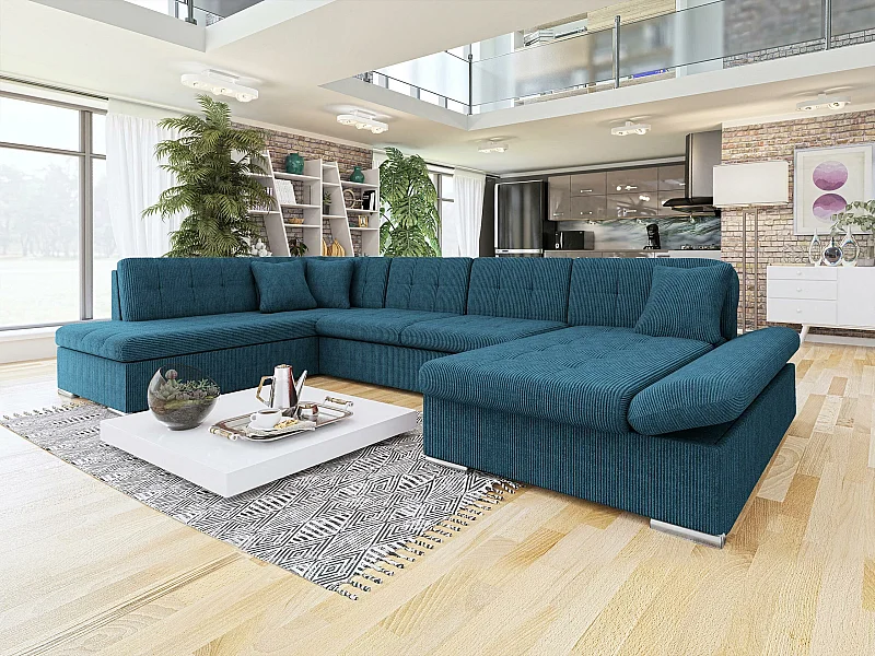 Sofá rinconero Comfivo 150, Azul, Función de descanso, Almacenaje, 345x205x76cm